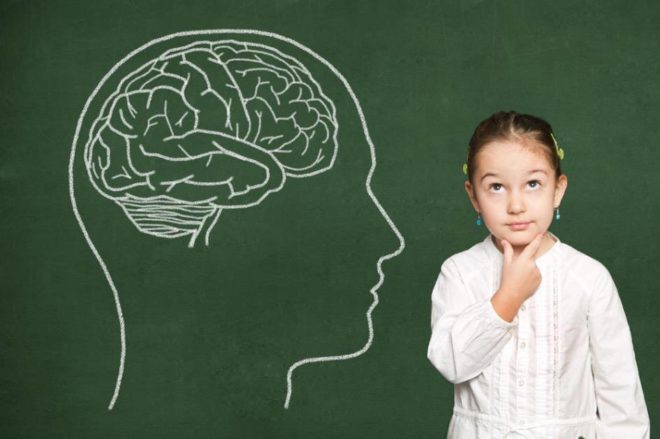 Child thinking next to a drawing of a brain